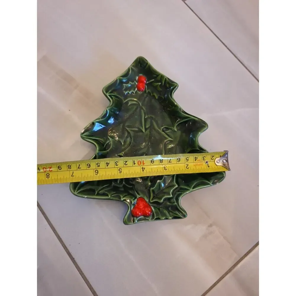 Vintage Lefton Green Holly Christmas Tree Candy Dish , Holly Berries‎ 1971/72